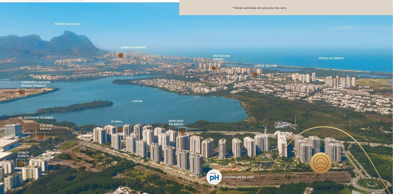 Vista aérea ilustrativa do Ilha Pura com a Lagoa da Barra, o Parque Olímpico e o mar ao fundo