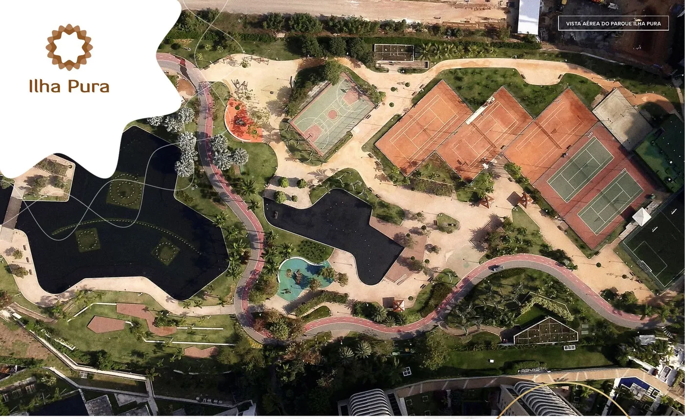 Foto aérea do Parque Ilha Pura com quadras, lagos e ciclovia
